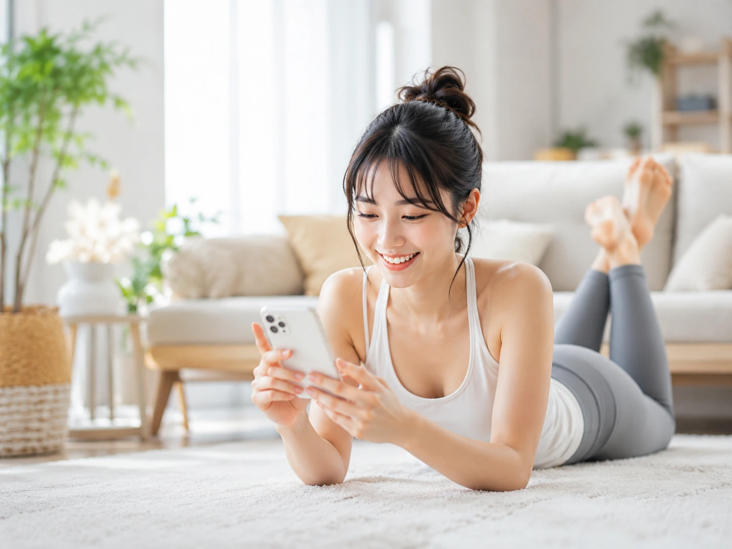 自宅でスマホを見る女性