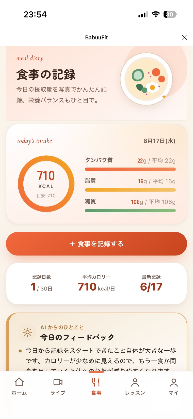 栄養バランスのダッシュボード画面